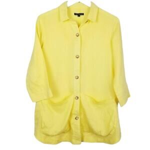FOR CYNTHIA Lemon Yellow 100% Linen Longline Shirt Pockets - Size S